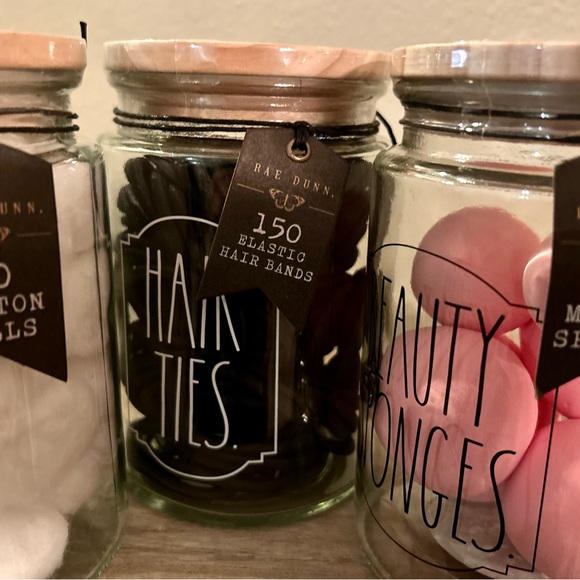 Rae Dunn set of 3 canisters. Cotton balls, hair ties & beauty sponges - Picture 3 of 3